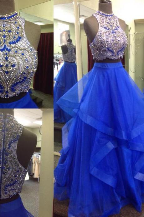 Two Piece Prom Dresses,beaded Bodice Royal Blue Skirt 2017 Prom Dresses,long Formal Dresses