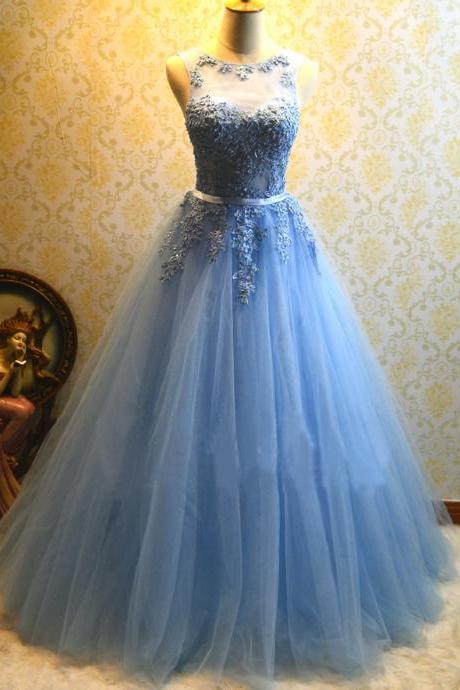 Pretty Chic Light Blue Prom Party Dresses Backless Sheer Applique Princess A Line Quinceanera Dresses Custom