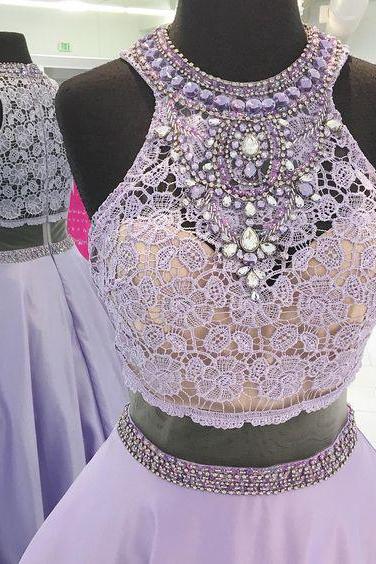 Halter Lace Bodice Lavender Prom Dresses,beaded Long Prom Dresses,senior Formal Prom 2k17 Dresses