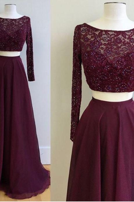Lace Top Two Pieces Prom Dresses,long Sleeves Grape Prom Dresses,two Pieces Formal Gowns