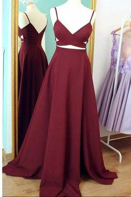 Straps Burgundy Long Prom Dress Evening Dress