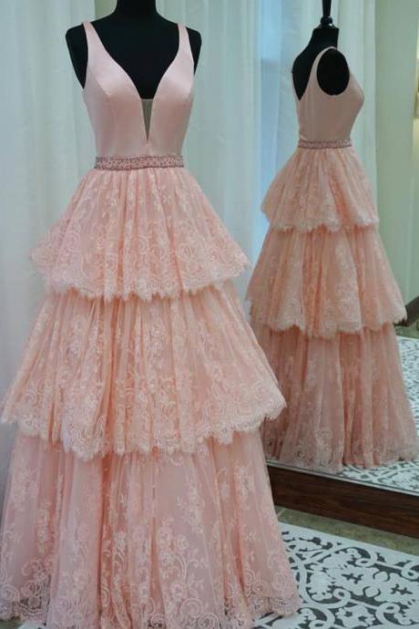 A-line V-neck Lace Prom Dress,pearl Pink Formal Dress,fashion Prom Dress,sexy Party Dress,custom Made Evening Dress