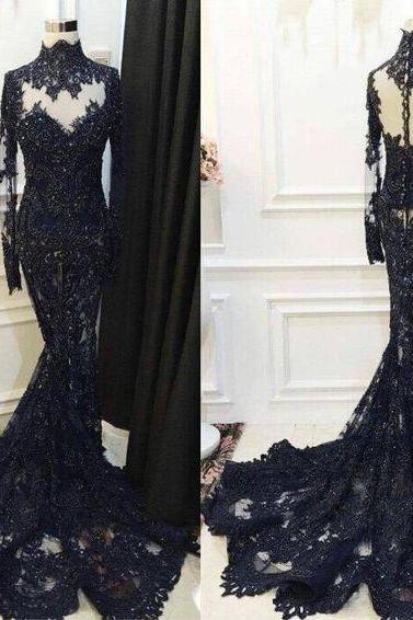 High-Neck Beaded Long-Sleeve Mermaid Appliques Lace Sequined Black Prom Dress