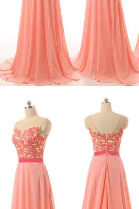 Light Coral Lace Chiffon Prom Dresses High Neck Long Bridesmaid Dresses,Cheap Bridesmaid Dress,Back V Bridesmaid Dresses 2017 Evening Prom Gowns