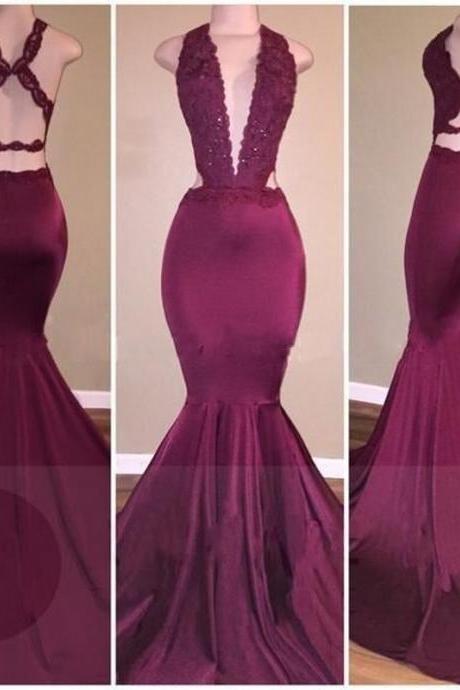 Sexy African Beaded Sequins Lace Burgundy Mermaid Prom Dresses Long 2017 Floor Length Open Back Party Dress Fast