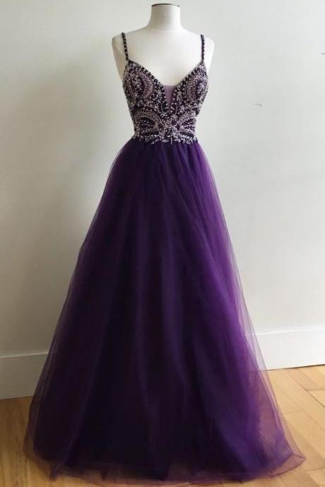 High Fashion A-line Spaghetti Straps Purple Long Prom Dress With Beading