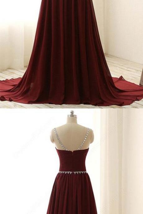 -selling A-line Round Neck Burgundy Chiffon Long Prom Dress With Beading