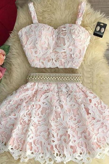 Adorable Two Piece A-line Lace Homecoming Dress/Party Dress 