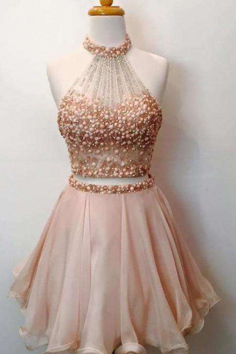 Two Piece Homecoming Dresses,beaded Bodice Halter 2 Piece Short Prom Dresses,sparkly Cocktail Dresses