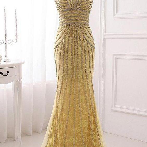 V-Neck Beaded Lace Mermaid Long Prom Dress, Evening Dress,P733