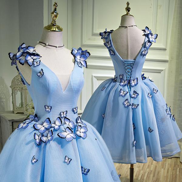 Cute Blue Butterfly Short Prom Gown 