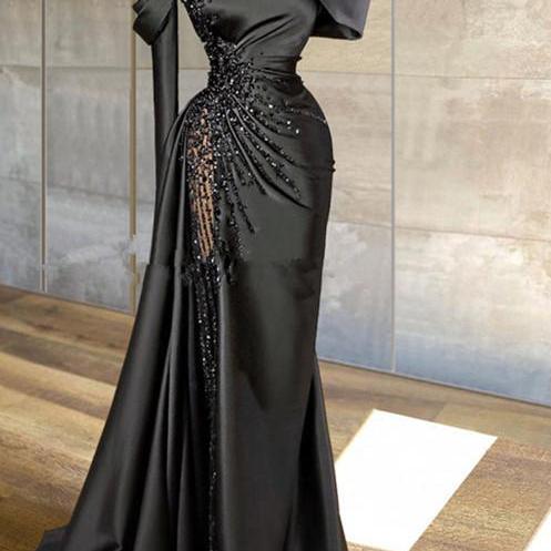 P3721 Sexy Black Long Satin Prom Dress Off The Shoulder See Through Beaded Top Pageant Women Party Dresses