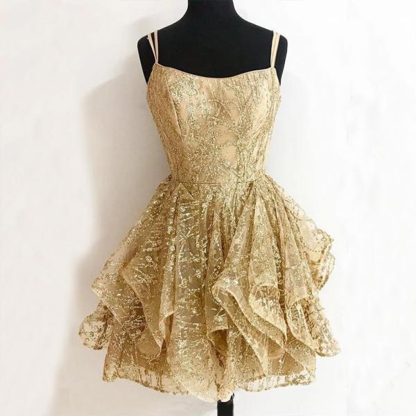 H3722 Short Light Golden Homecoming Dress Sexy Spaghetti Strap A Line Shiny Lace Short Party Dresses