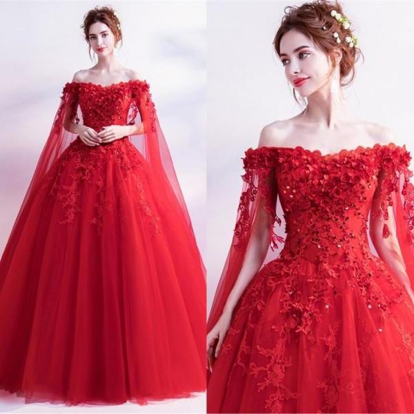 P3738 Red Prom Dress Vintage 3 D flower Wedding Dress Strapless Party Dress with Beaded Prom Dress,Royal Evening Dress for Women,A-line,Dress