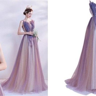 P3739 Prom dress Sparkle,formal dress purple,A line dress purple,Evening Gown Tulle High School Prom Party Dress Beaded dress for women