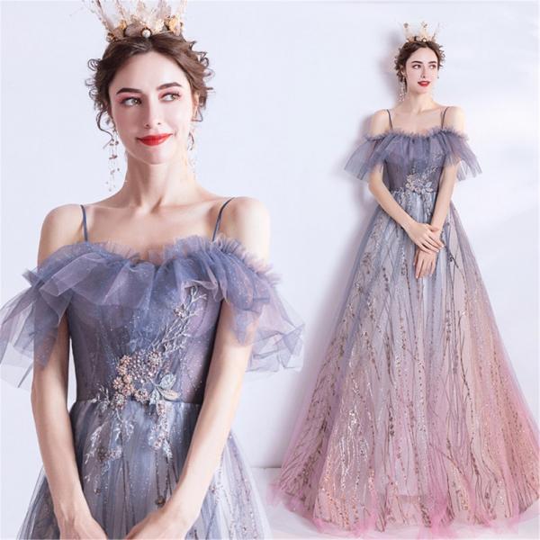 P3740 Spaghetti Strap Formal Dress Purple Ombre Prom Ball Gown Off Shoulder Wedding Tulle Dress Sparkle Evening Gown Floral Party Dress