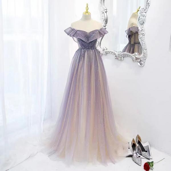 P3741 Heavy nail bead, gradient color off shoulder tulle dress, purple long prom dress,Custom Made