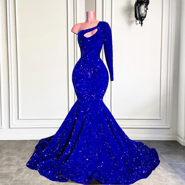 P3768 Long Sparkly Prom Dress 2022 One Shoulder Royal Blue Sequin Mermaid Style Black Girls Prom Party Gowns Real Picture