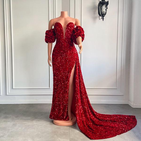 P3770 Long Red Prom Dresses 2022 Off The Shoulder Sexy High Slit Sequined African Black Girls Real Prom Gala Gowns With Side Train