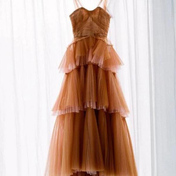 P3782 A Line Long Brown Tulle Prom Dresses