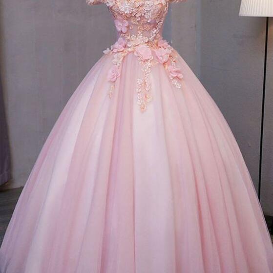 P3786 off shoulder Pink tulle puffy long formal prom dress