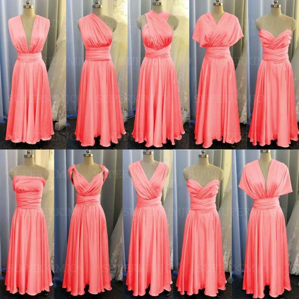 P3801 Coral Bridesmaid Dress, Coral Evening Dresses, Chiffon Wedding Party Dresses, Evening Gowns, Convertible Bridemsaid Dress, Chiffon Bridesmaid