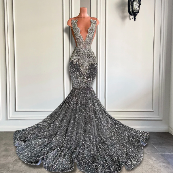 P3859 Sexy Long Sparkly Prom Dresses 2024 Sheer O-neck Luxury Silver Crystals Diamond Sequin Mermaid Black Girl Prom Party Gowns