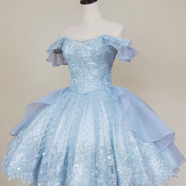 P3865 Vintage Blue Lace Homecoming Dresses,off The Shoulder Homecoming Dresses