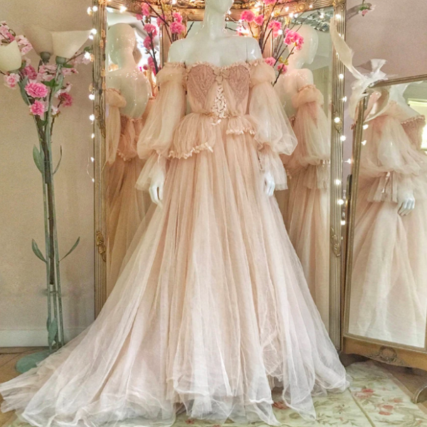 P3870 Fairy Blush Tulle Prom Dresses Off Shoulder Long Sleeves Ribbons A-line Wedding Party Dresses 2024 Formal Evening Gowns