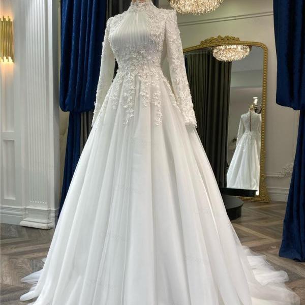 P3871 Elegant Muslim Wedding Gown For Bride 2023 Appliques Flowers Arabic Dubai Long Sleeves Bridal Dress Tulle Robe De Mariage