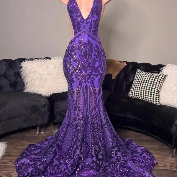 P3873 Purple Prom Dresses, Mermaid Prom Dresses, Custom Make Evening Dresses, Fashion Prom Dresses, Halter Prom Dresses, Sparkly Formal Dresses