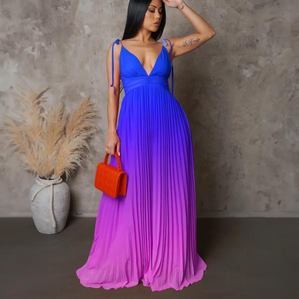 D403 Long Pleated Colorblock Women Club Party Dress Deep V Neck Lace Up Spaghetti Straps High Waist Backless Evening Cocktail Gowns