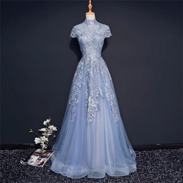 P3590 Modest High Neckline Short Sleeve Dusty Blue Long Evening Prom Dresses, Popular Long Party Prom Dresses