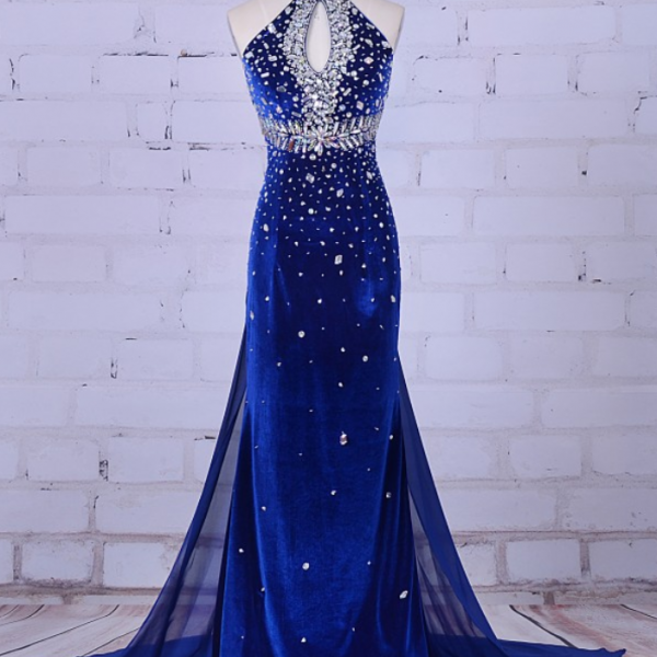 P3595 Luxury Mermaid Evening Gowns Royal Blue Velvet Prom Dresses High Neck Crystal For Formal Dress Women Wedding Party