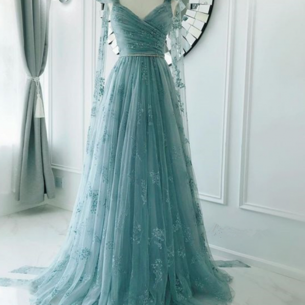 P3596 Elegant Open Back Dusty Blue Lace Long Prom Dress with High Slit, Long Dusty Blue Lace Formal Graduation Evening Dress
