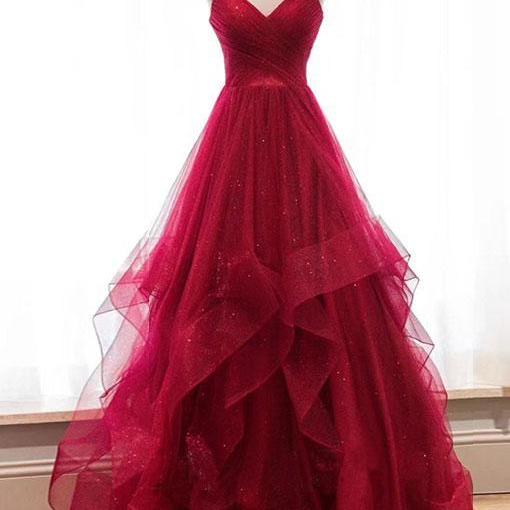 P3597 Princess Straps Red Long Ball Gown,v-neck Tulle Prom Dress