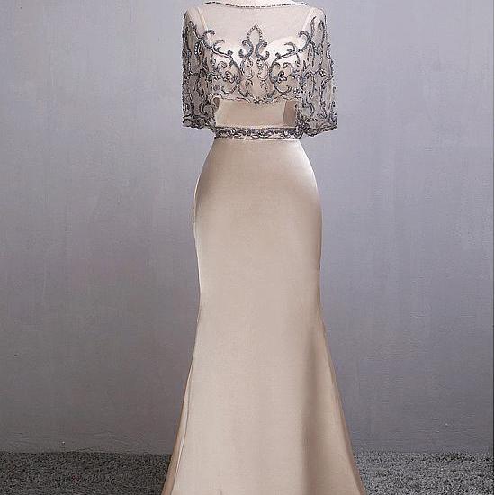 Spaghetti Straps V-Neck Tiered Side Split A-Line Satin Prom Dress