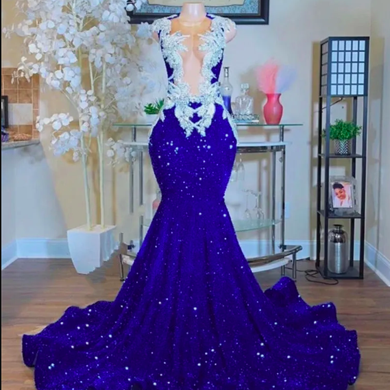 Royal Blue Mermaid Prom Dress with Beads Sleeveless Sweetheart Spaghetti Straps