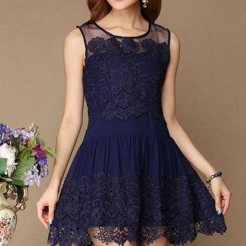 Lace Homecoming Dress Simple Sleeveless Short Party Dresses Navy Blue Prom Dress