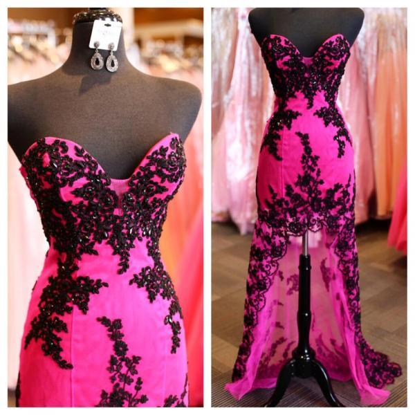 Sweetheart neck Fuchsia Tulle with Black Lace Appliqued High Low Prom Dress 