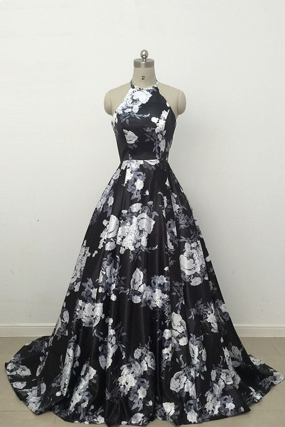 Cute Black And White Floral Satin Halter Prom Dress on Luulla