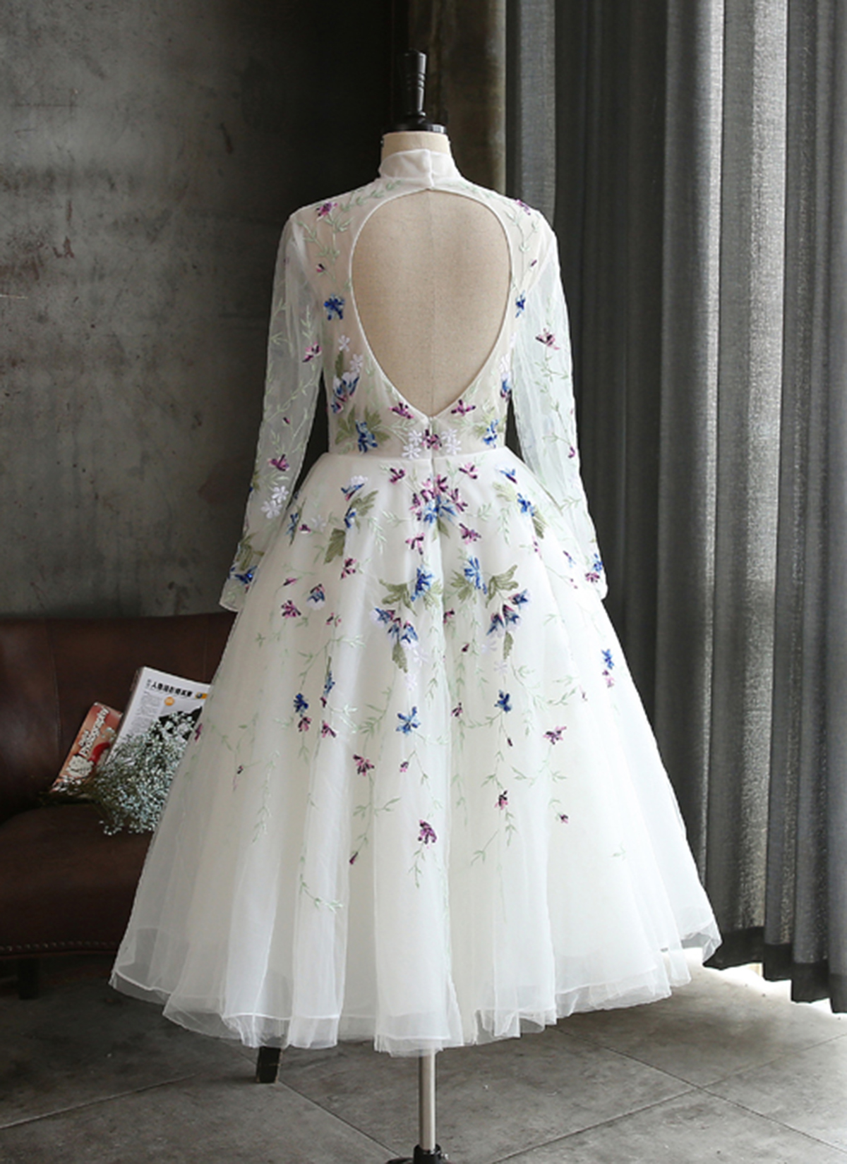 White Flower Lace Long Mid Length Party Dress, Long Sleeves