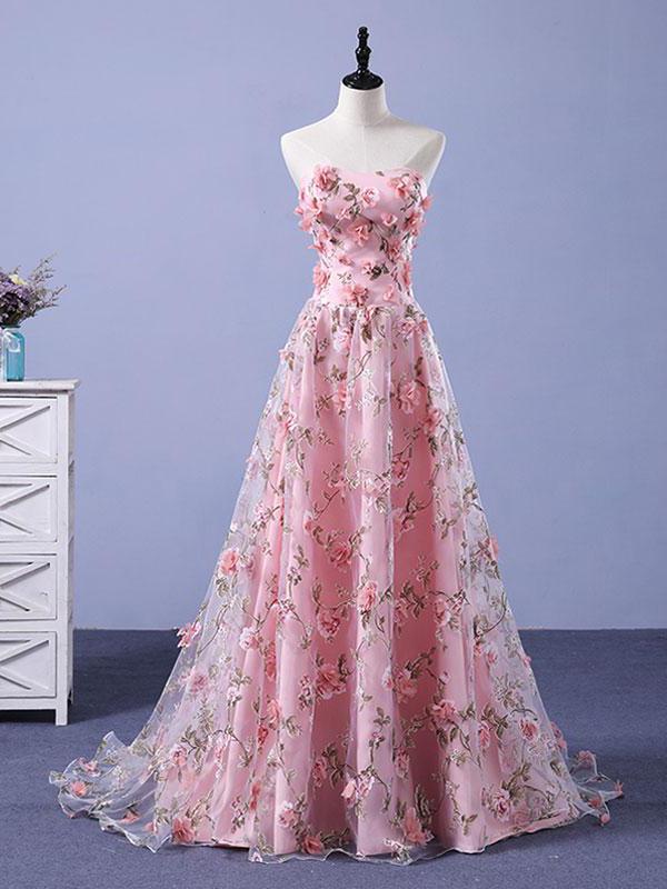 Pink Prom Dresses Aline Sweetheart Sweep Train Floral Print Long Lace