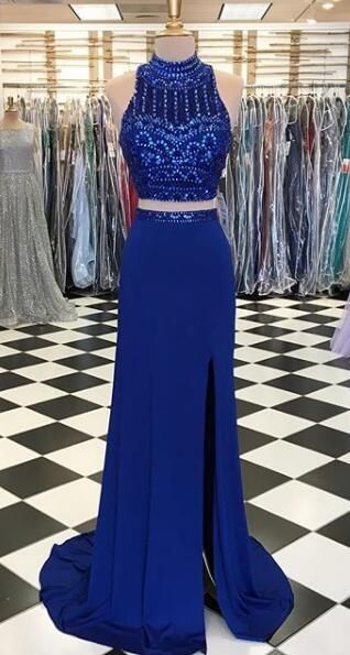 Two Piece Beaded Long Prom Dress Semi Formal Dresses Wedding Party ...