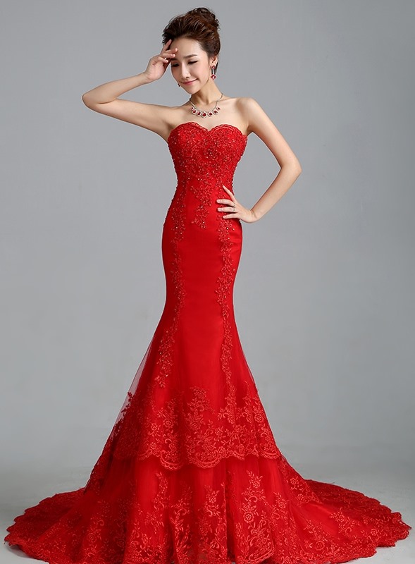 W3556 Beaded Appliques Mermaid Red Wedding Dress on Luulla