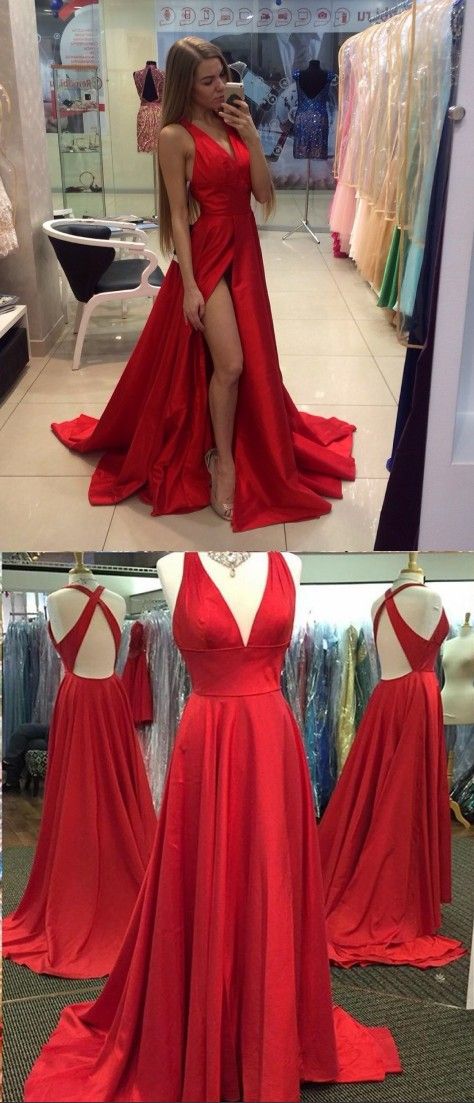 Split V Neckline Red Evening Dress Slit Sexy Party Dresses Red Formal Dress Deep V Neck Evening