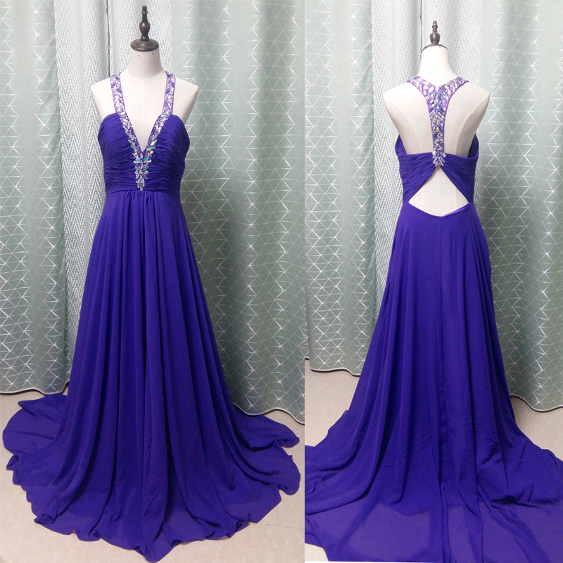 Glamorous V Neck Purple Chiffon Beaded Long Birthday Evening Dress Prom Gown SP1744 main image 1